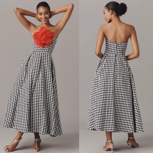 NWT Mac Duggal Ieena‎ Black White Strapless Boucle A Line Midi Dress W/3D Flower - Picture 9 of 15